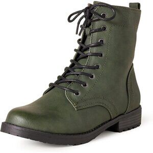⚡Women Green Faux Buffalo Grain Leather Metal Eyelet Lug-sole Combat Boot